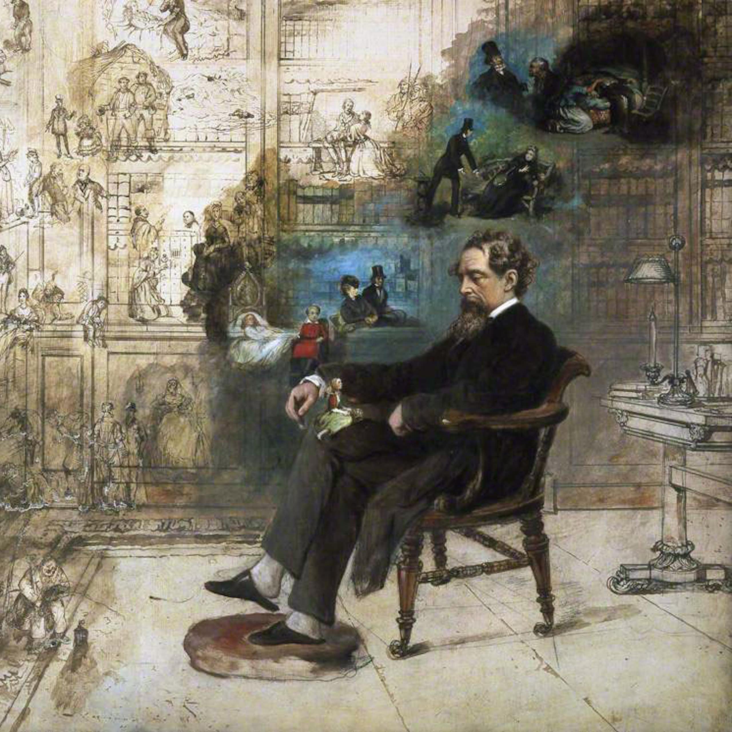 Painting of Dickens dreaming at his desk