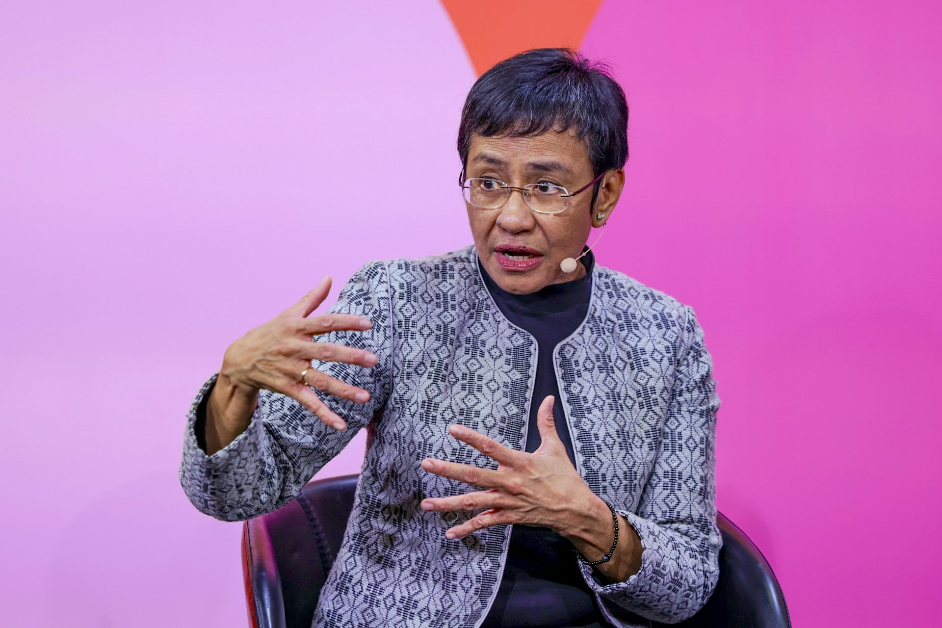 Fillippina journalist Maria Ressa gestures as she talks.