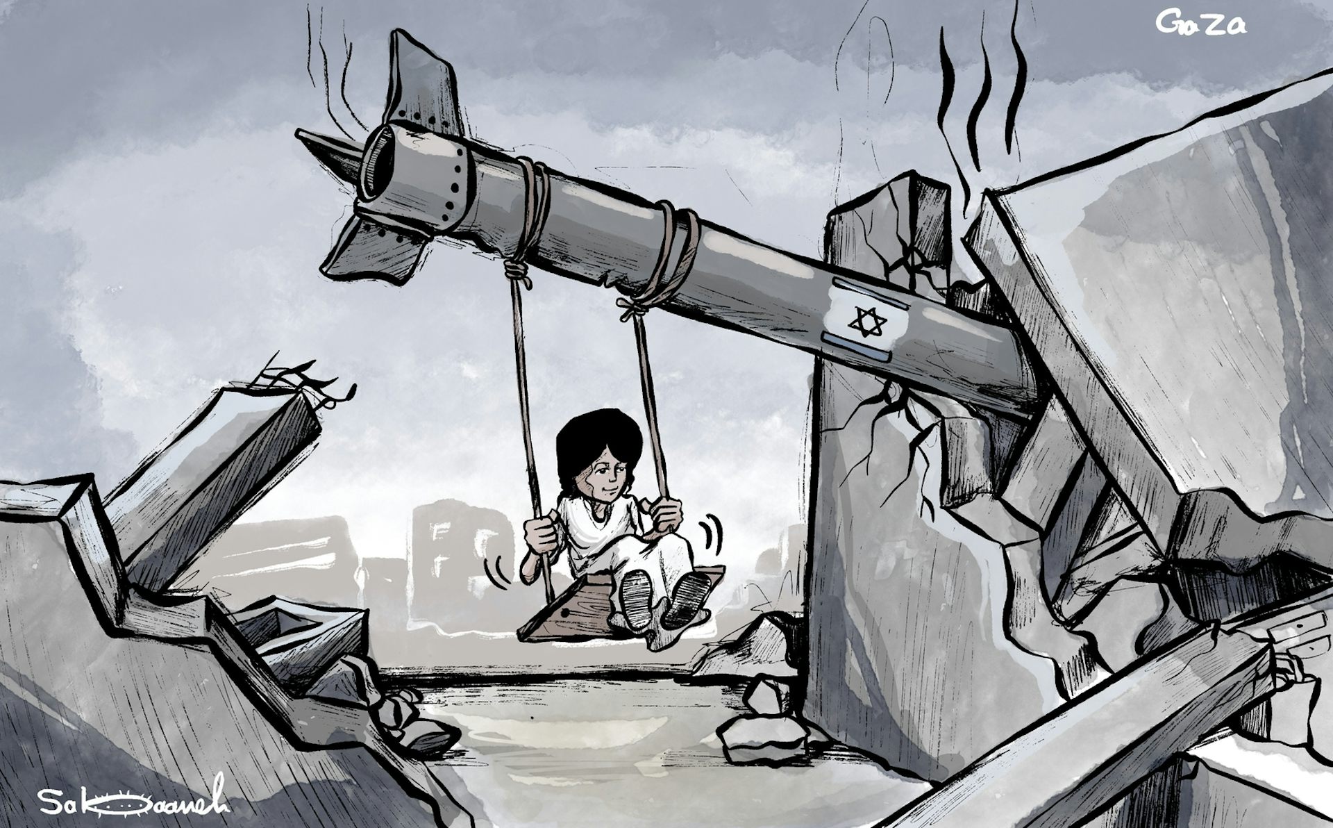 Una niña juega al columpio colgada de una bomba israelí.