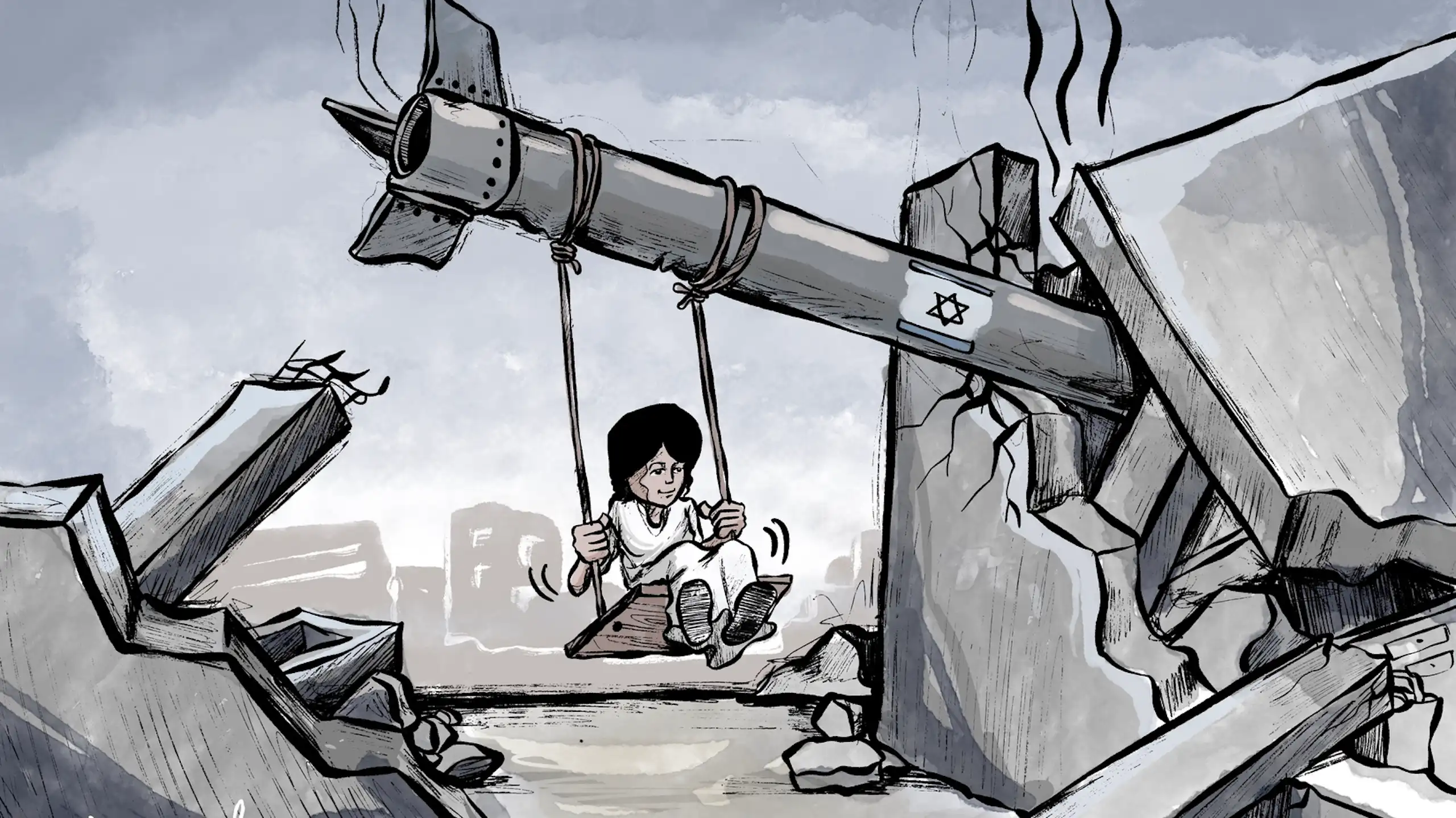 Una niña juega al columpio colgada de una bomba israelí.