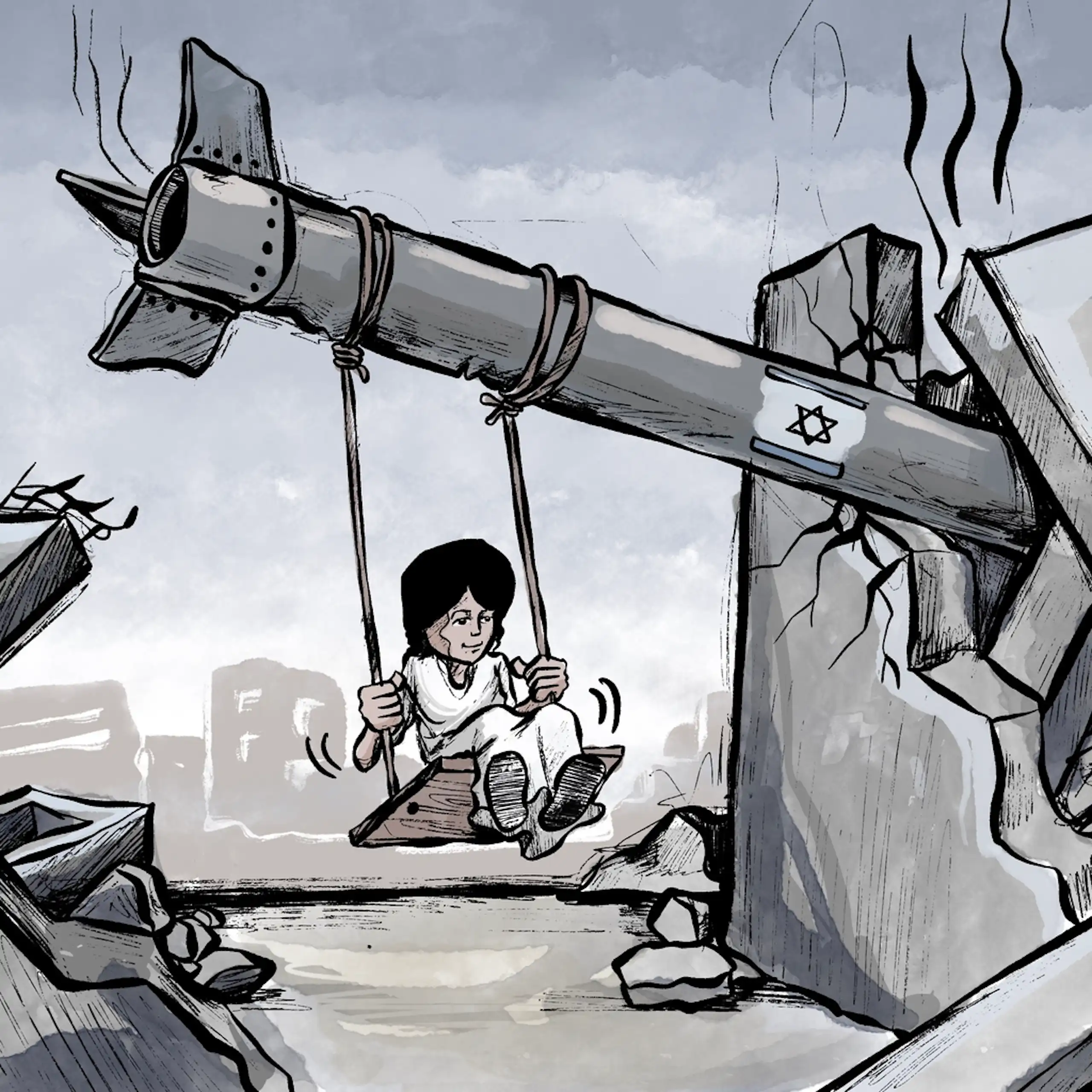 Una niña juega al columpio colgada de una bomba israelí.