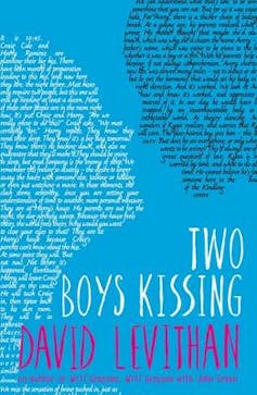 Book cover of two boys made of words.