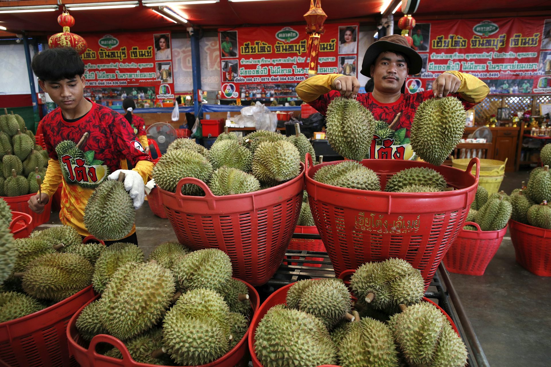 Workers arrange durian at a fruit market in Thailand.