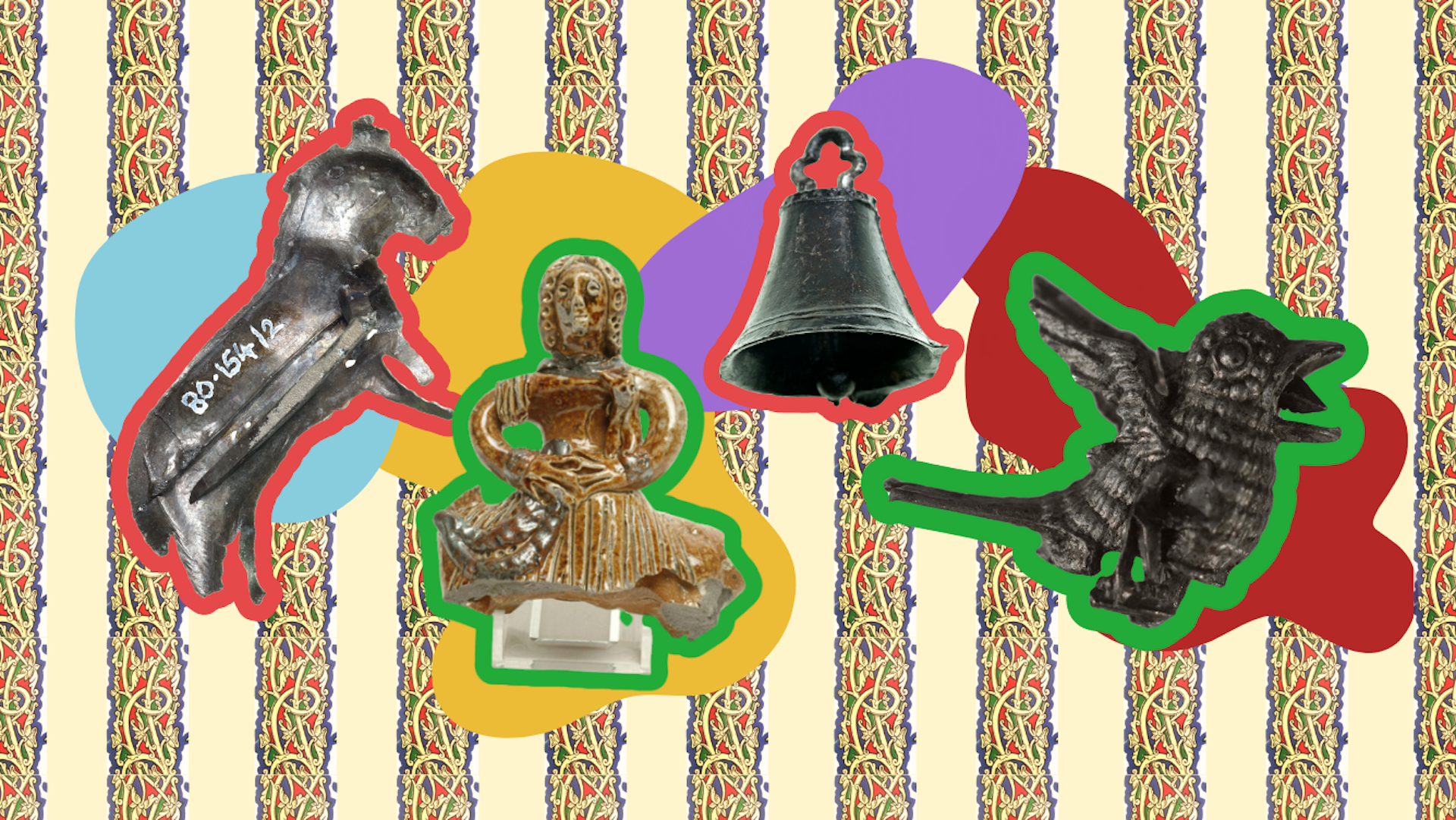 (L-R) Agnus Dei (Lamb of God) devotional badge, a terracotta figurine showing woman playing a lyre, a pilgrim bell with chain link and a miniature toy bird. 