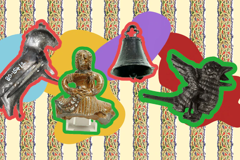 (L-R) Agnus Dei (Lamb of God) devotional badge, a ceramic figurine of a woman on horseback, a pilgrim bell and a miniature toy bird.