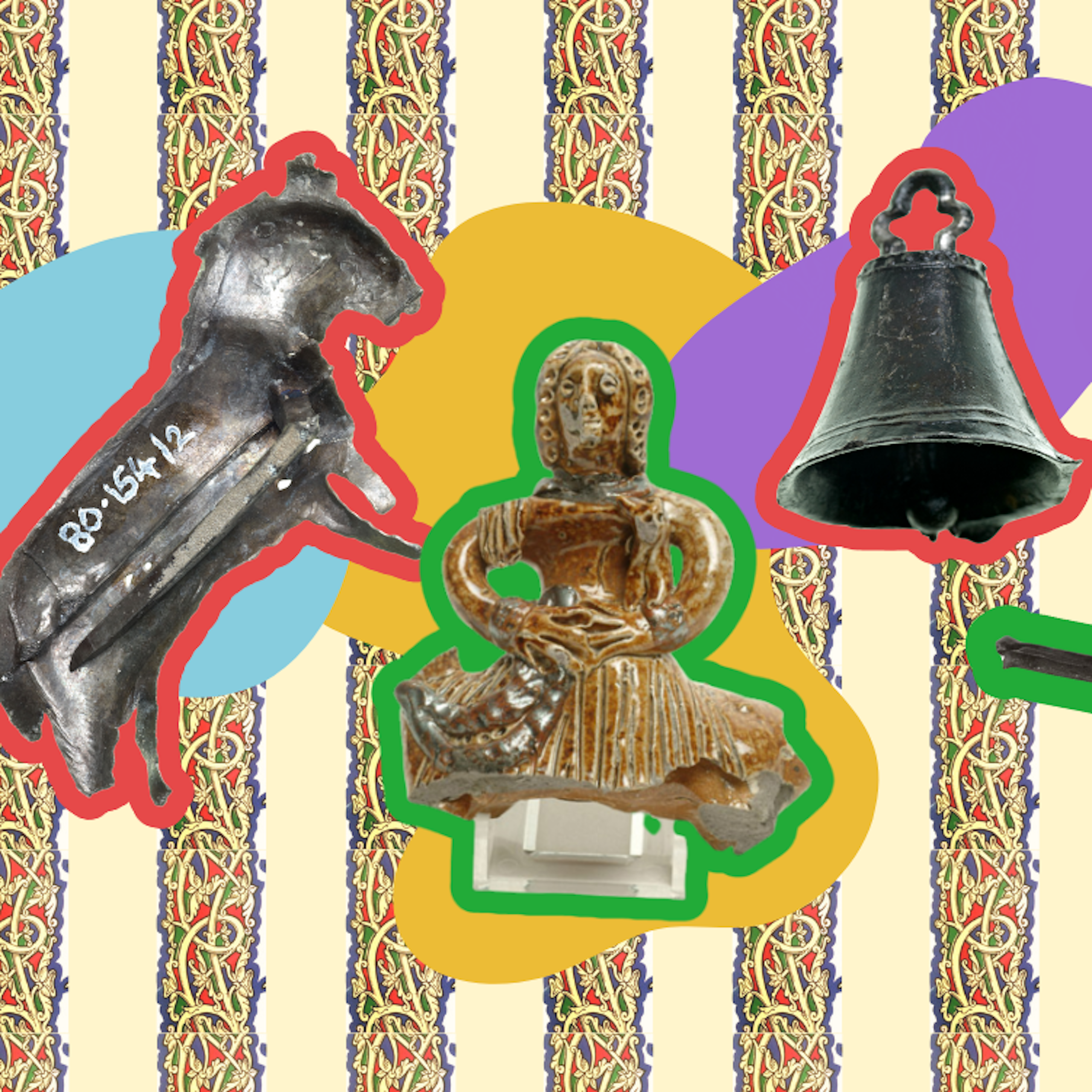 (L-R) Agnus Dei (Lamb of God) devotional badge, a terracotta figurine showing woman playing a lyre, a pilgrim bell with chain link and a miniature toy bird.