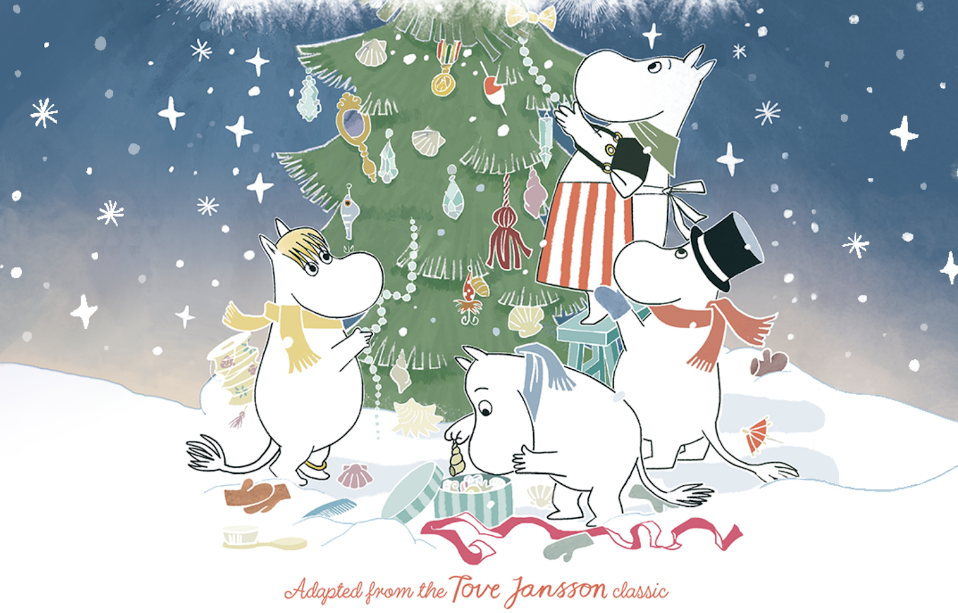A Christmas scene of the Moomins decorating a Christmas tree