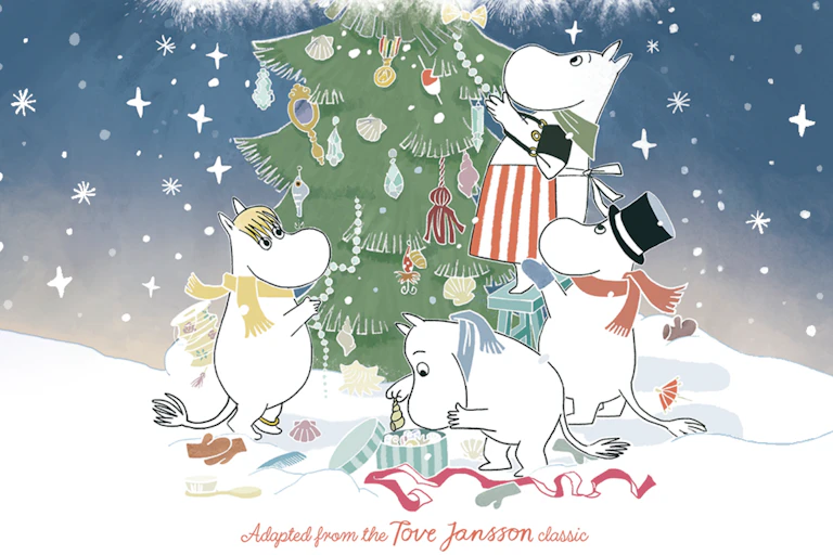 A Christmas scene of the Moomins decorating a Christmas tree