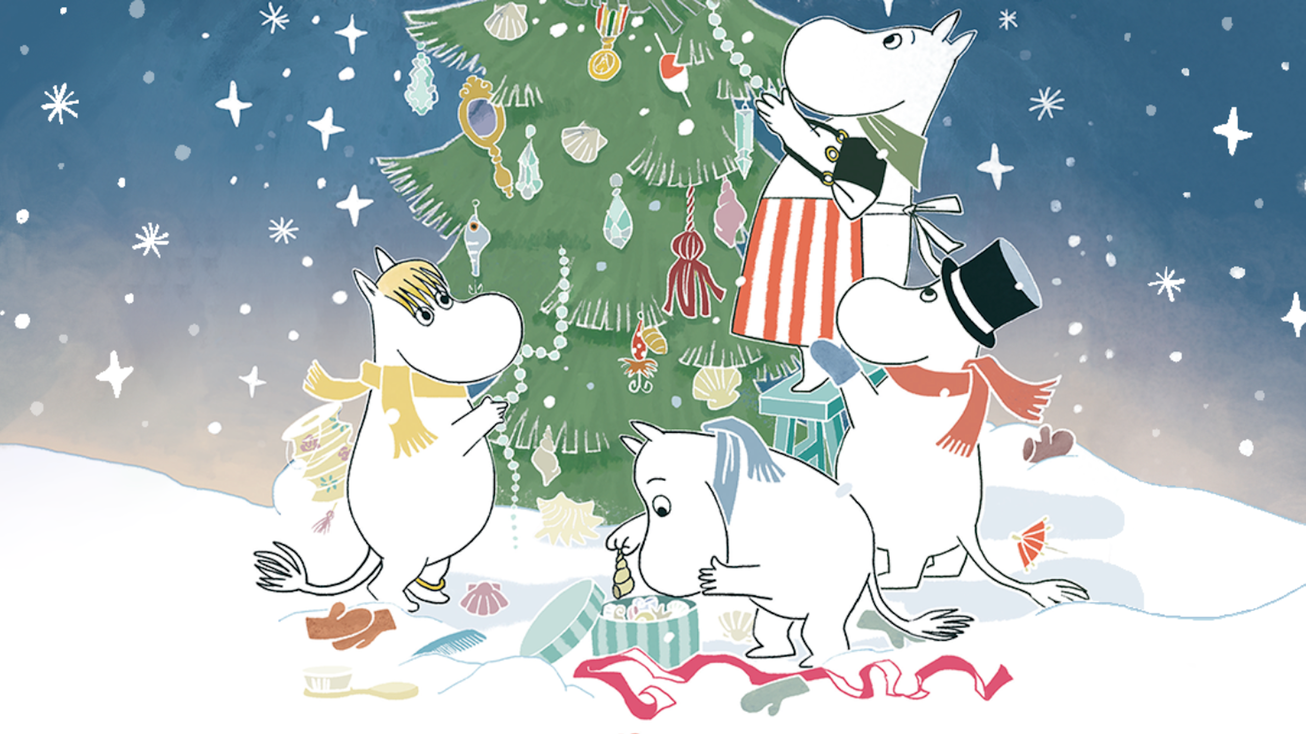 A Christmas scene of the Moomins decorating a Christmas tree