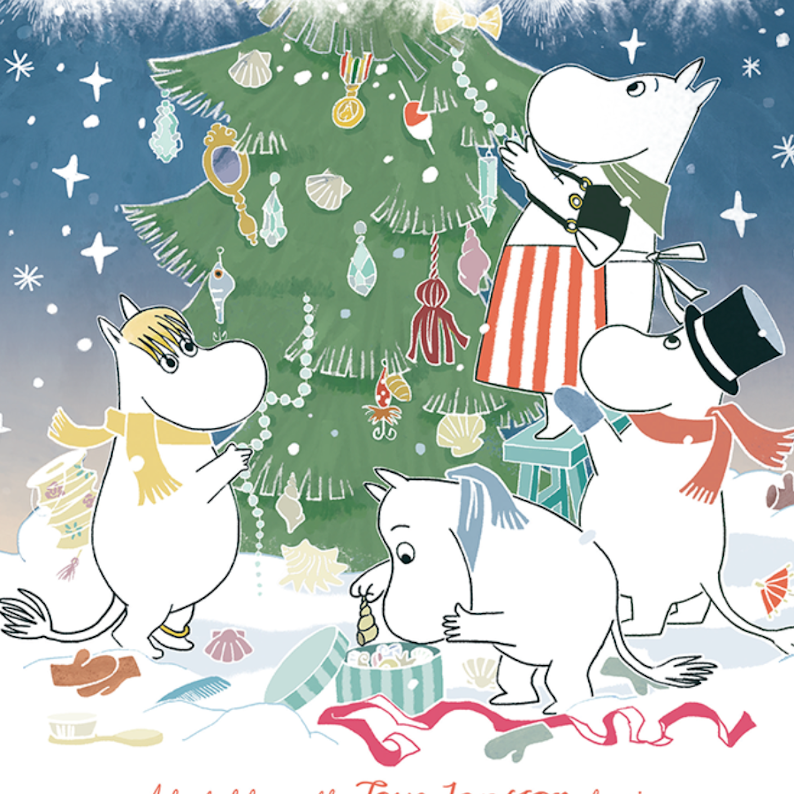 A Christmas scene of the Moomins decorating a Christmas tree