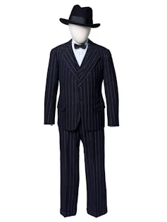 A black, pinstriped, three-piece suit and Stetson hat displayed on a mannequin.