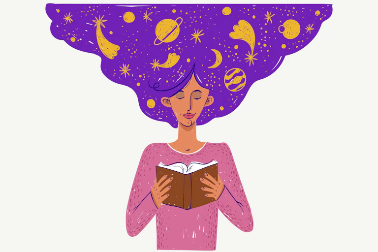 illustration of a woman reading with her mind full of ideas