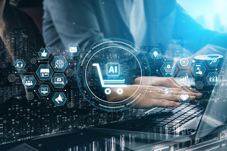 Digital graphics over image of person using a laptop.