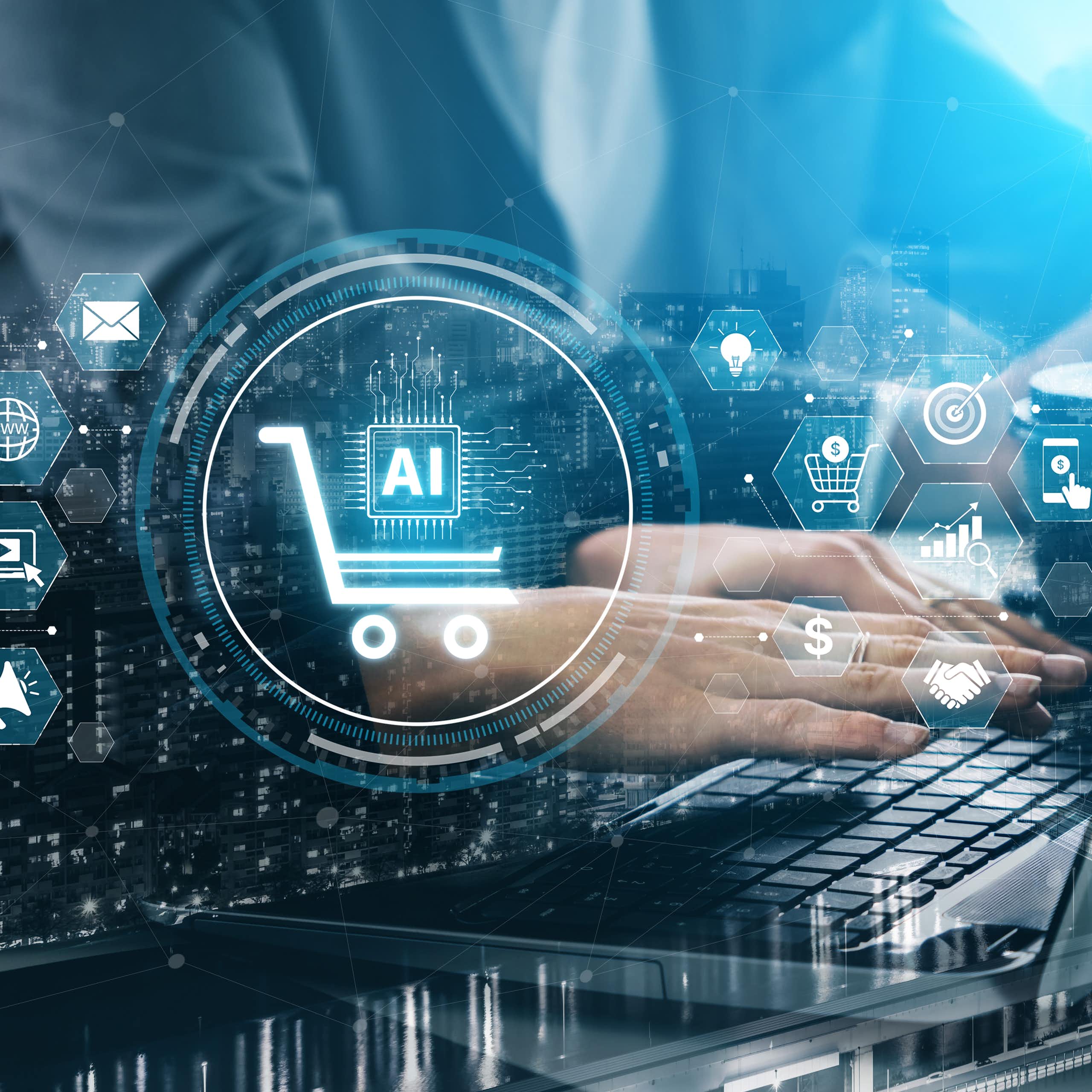 Digital graphics over image of person using a laptop.