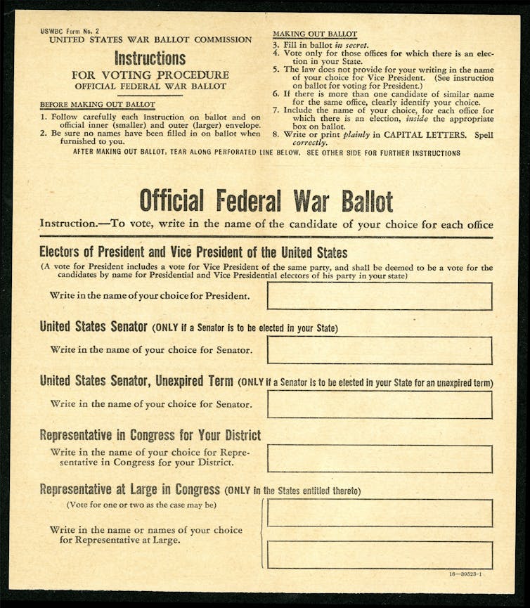 Yellowed ballot titled Official Federal War Ballot with instructions and write-in boxes