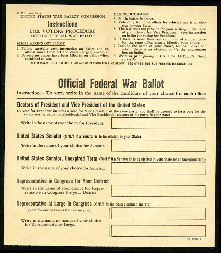 Yellowed ballot titled Official Federal War Ballot with instructions and write-in boxes
