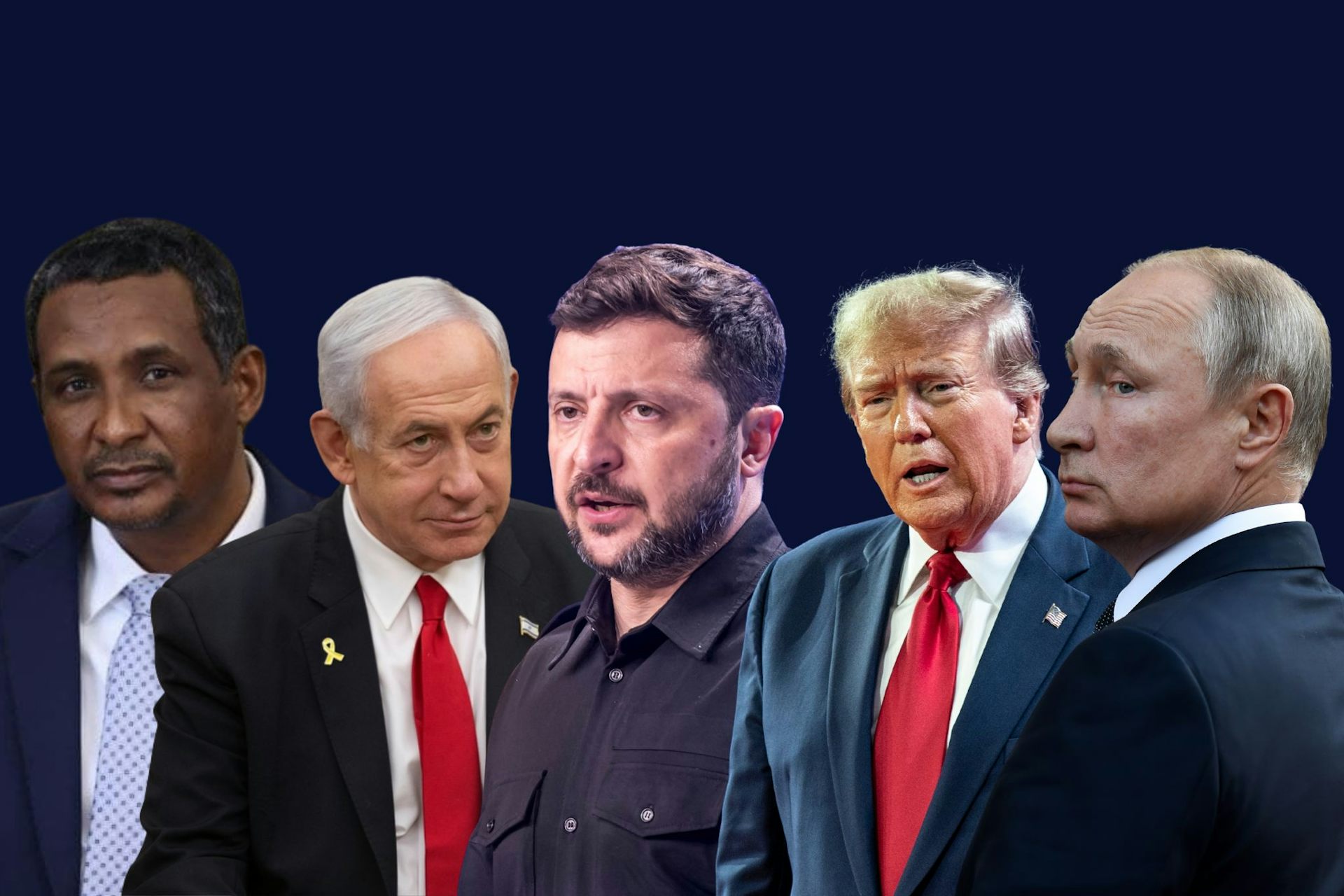 A composite image of Hemedti, Netanyahu, Zelensky, Trump and Putin side-by-side.