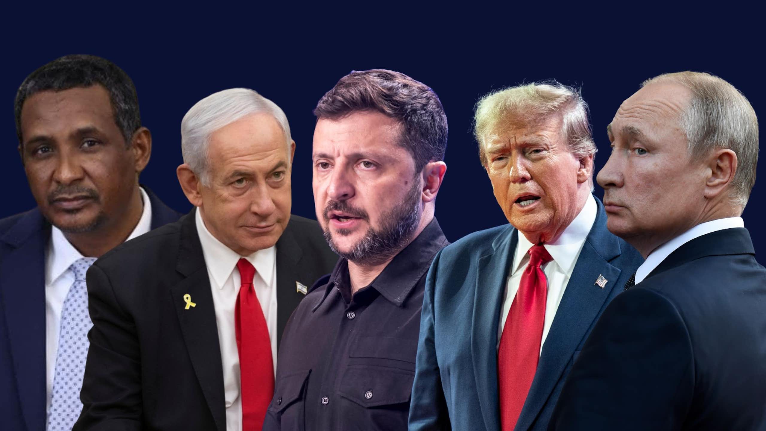 A composite image of Hemedti, Netanyahu, Zelensky, Trump and Putin side-by-side.