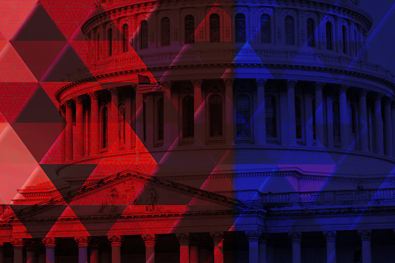 An image of the congressional dome, behind red and blue shading.