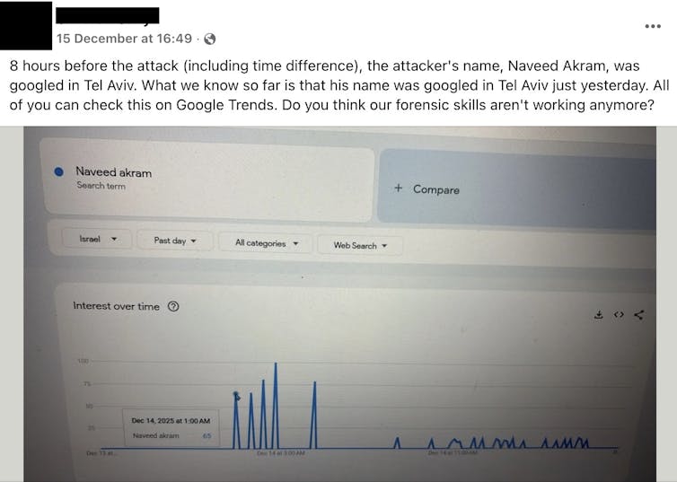 A Facebook post containing misinformation about the Bondi attacks