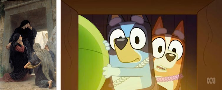 An oil painting and a Bluey still, both at a 'tomb'.