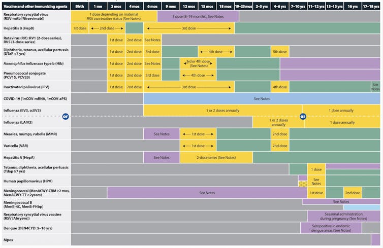 A bar chart showing the U.S. childhood vaccine schedule.