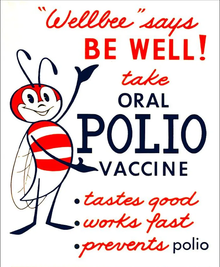 A CDC poster for oral polio vaccine with a striped bee saying be well.
