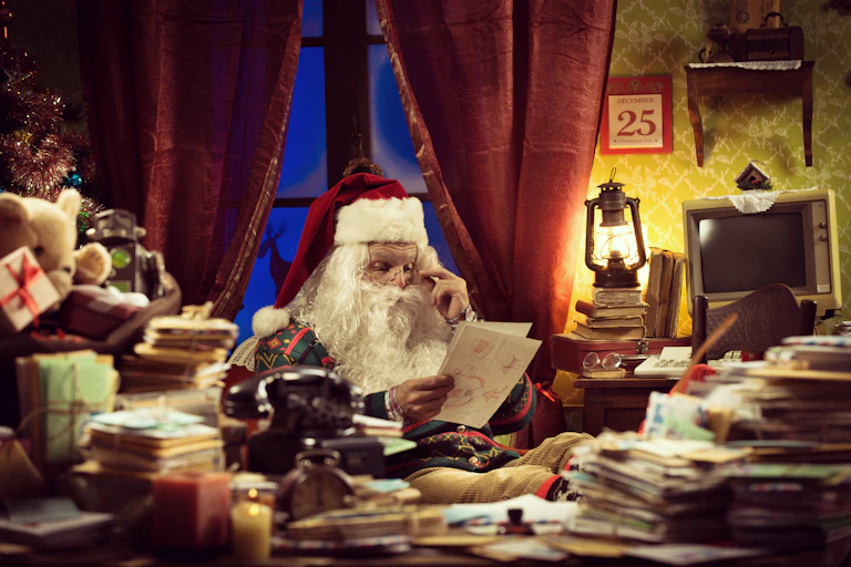 Père Noël lisant les lettres des enfants et des adultes.