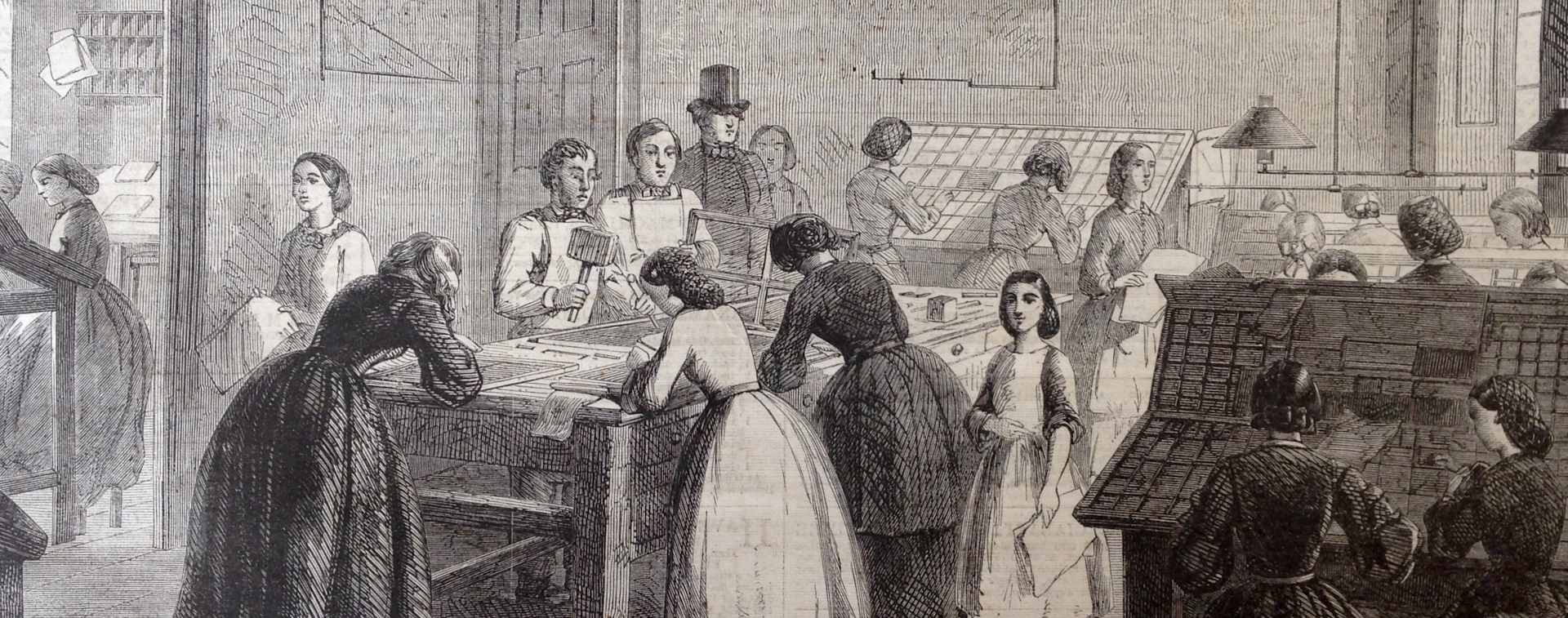 Grabado de mujeres trabajando en una imprenta.