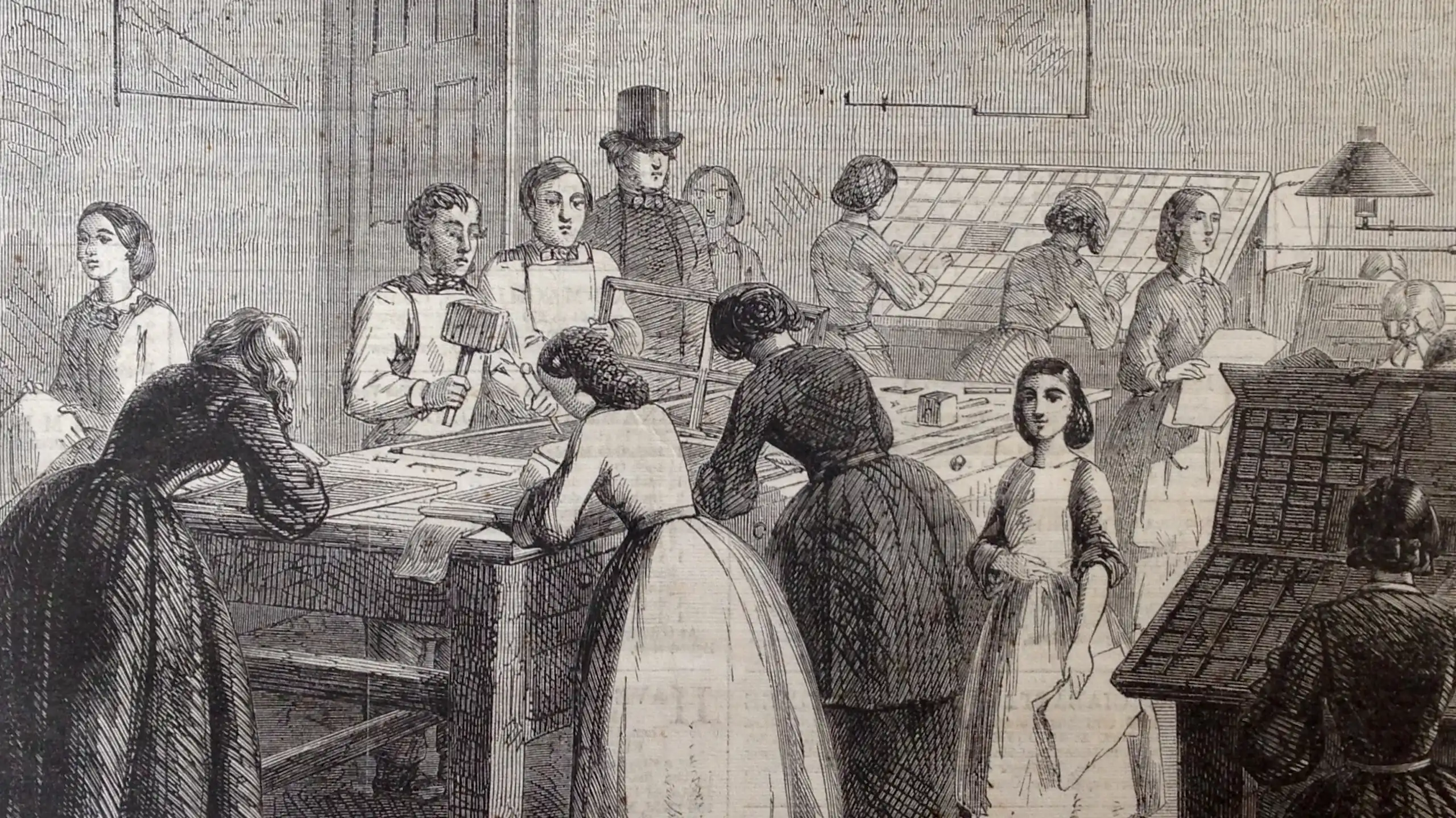 Grabado de mujeres trabajando en una imprenta.