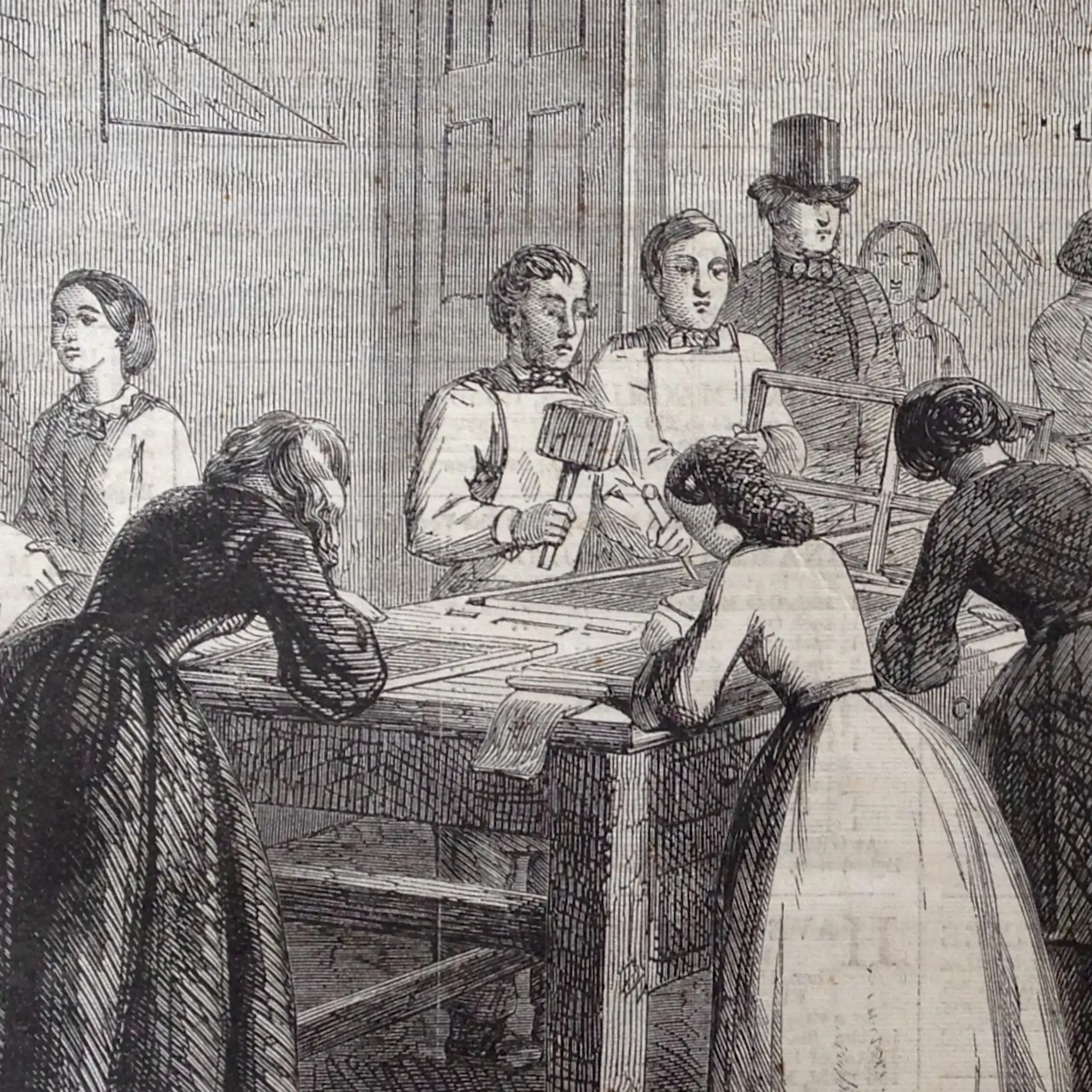 Grabado de mujeres trabajando en una imprenta.