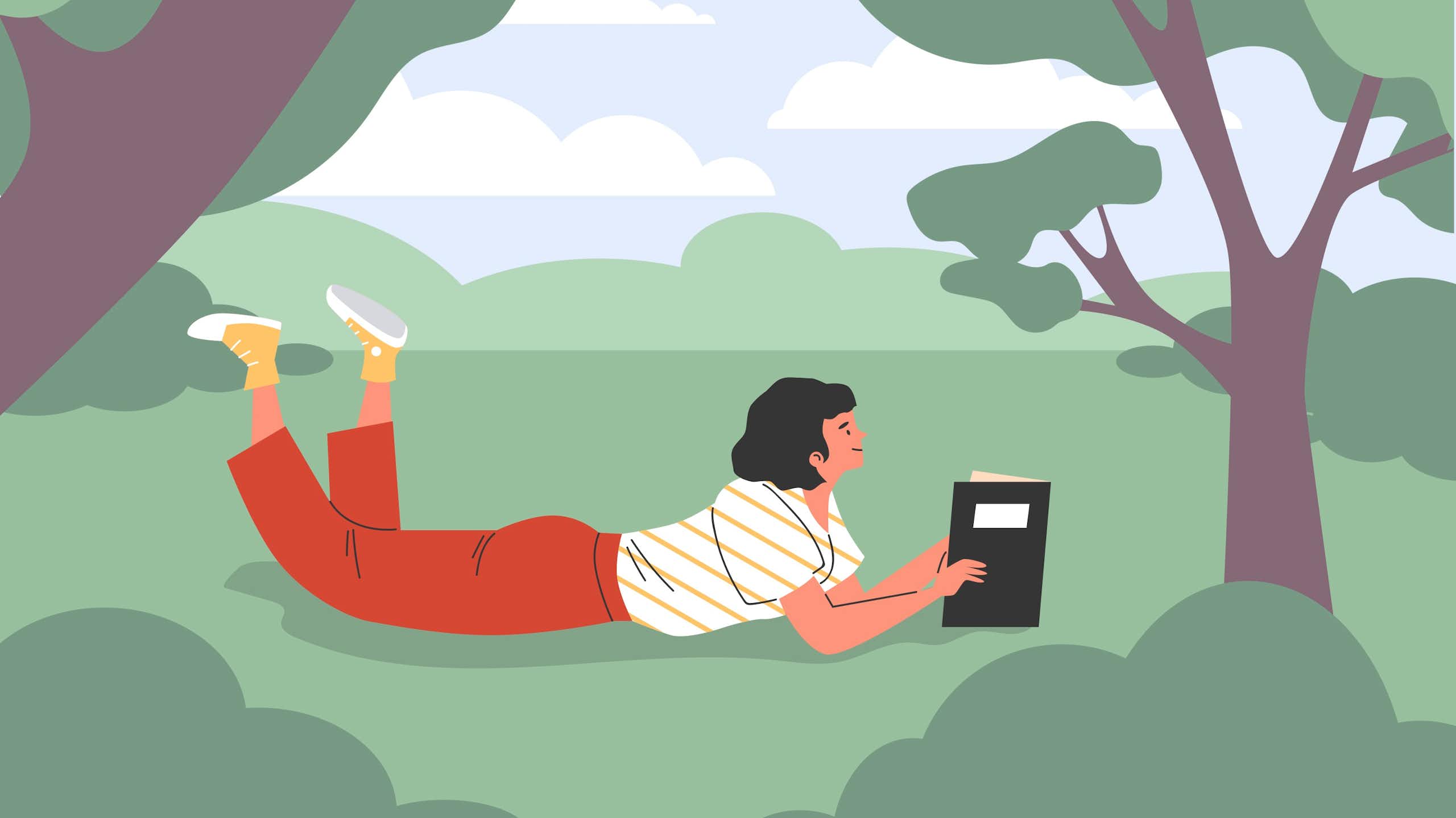 Illustration of a person reading a book in a park