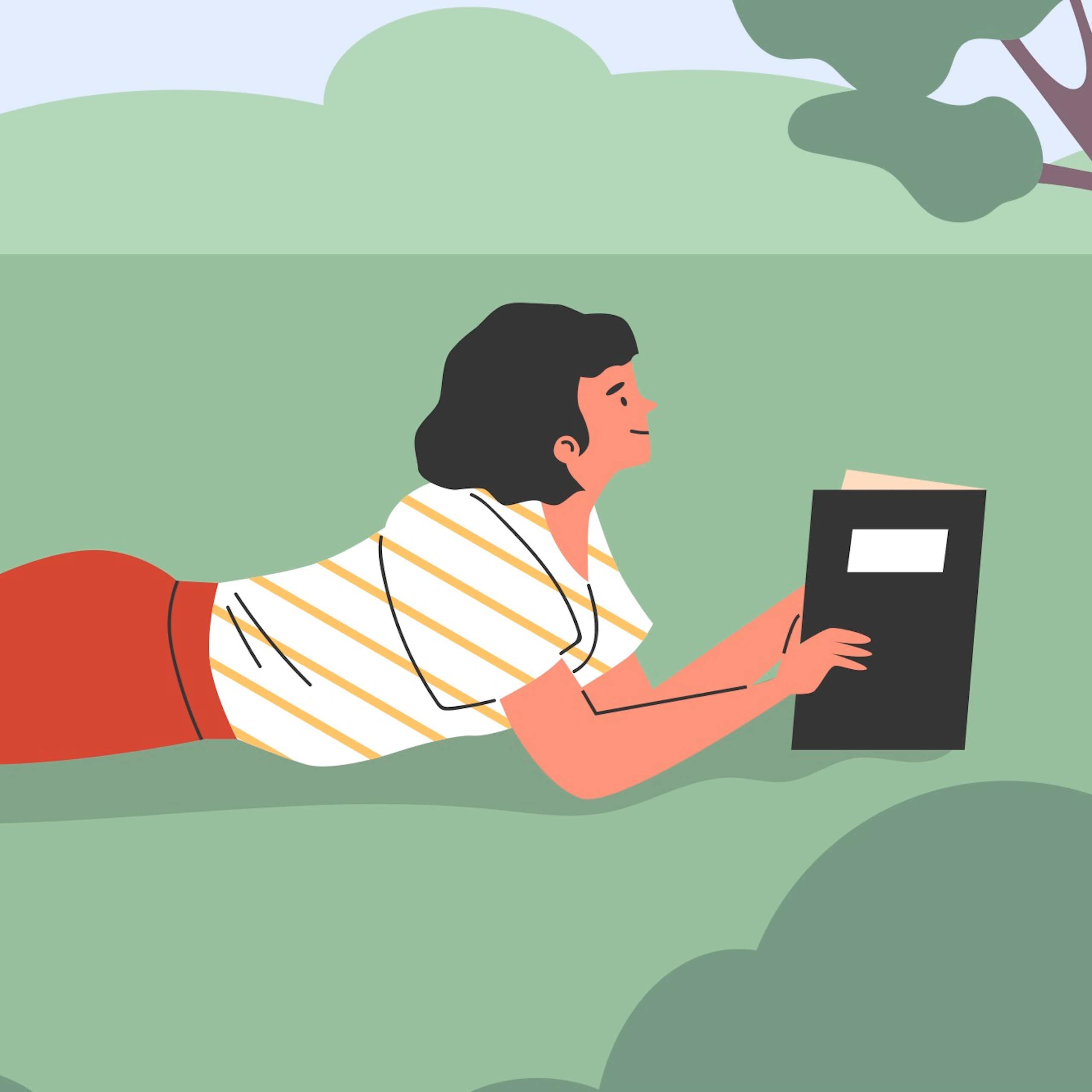 Illustration of a person reading a book in a park