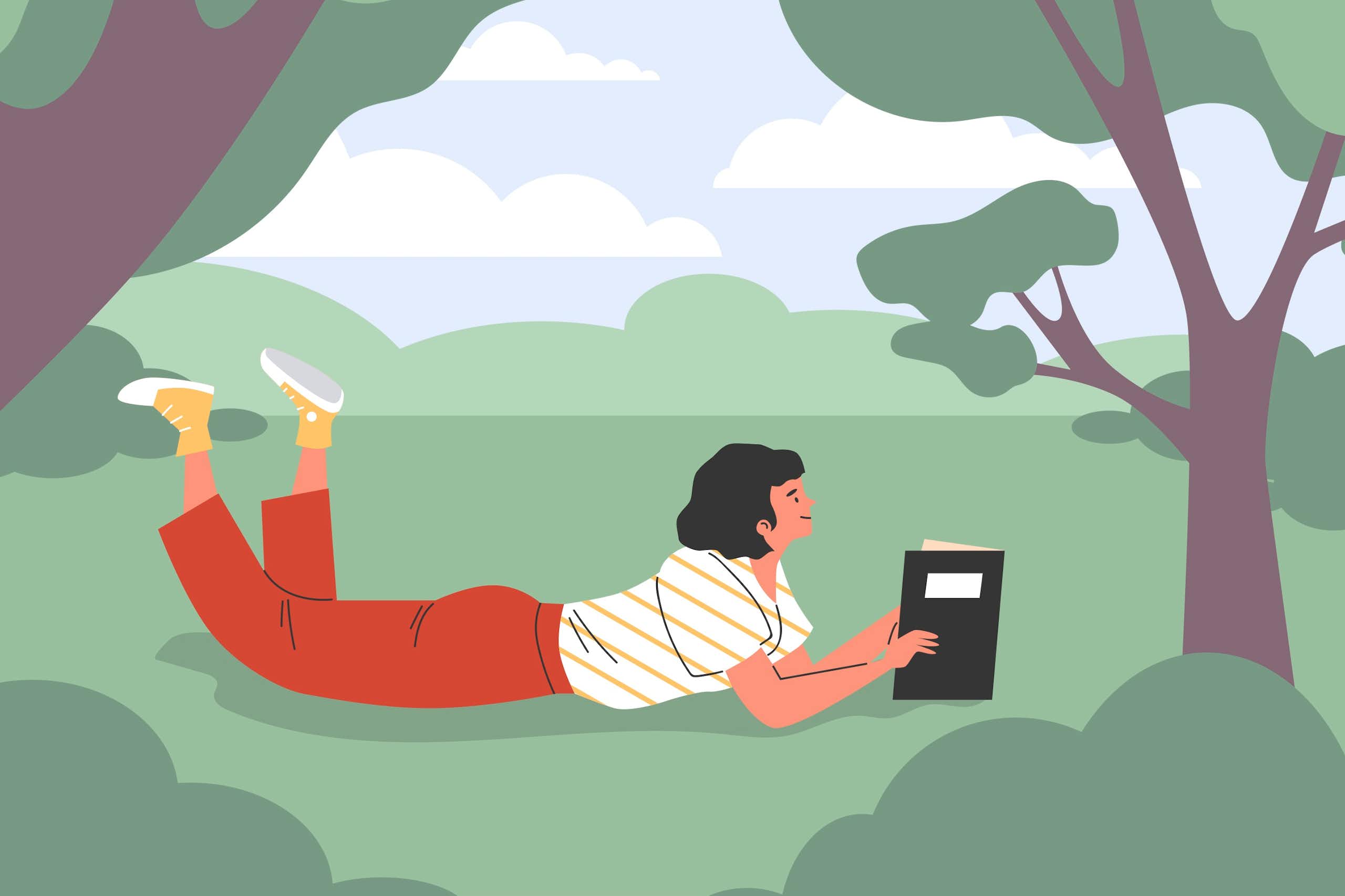 Illustration of a person reading a book in a park