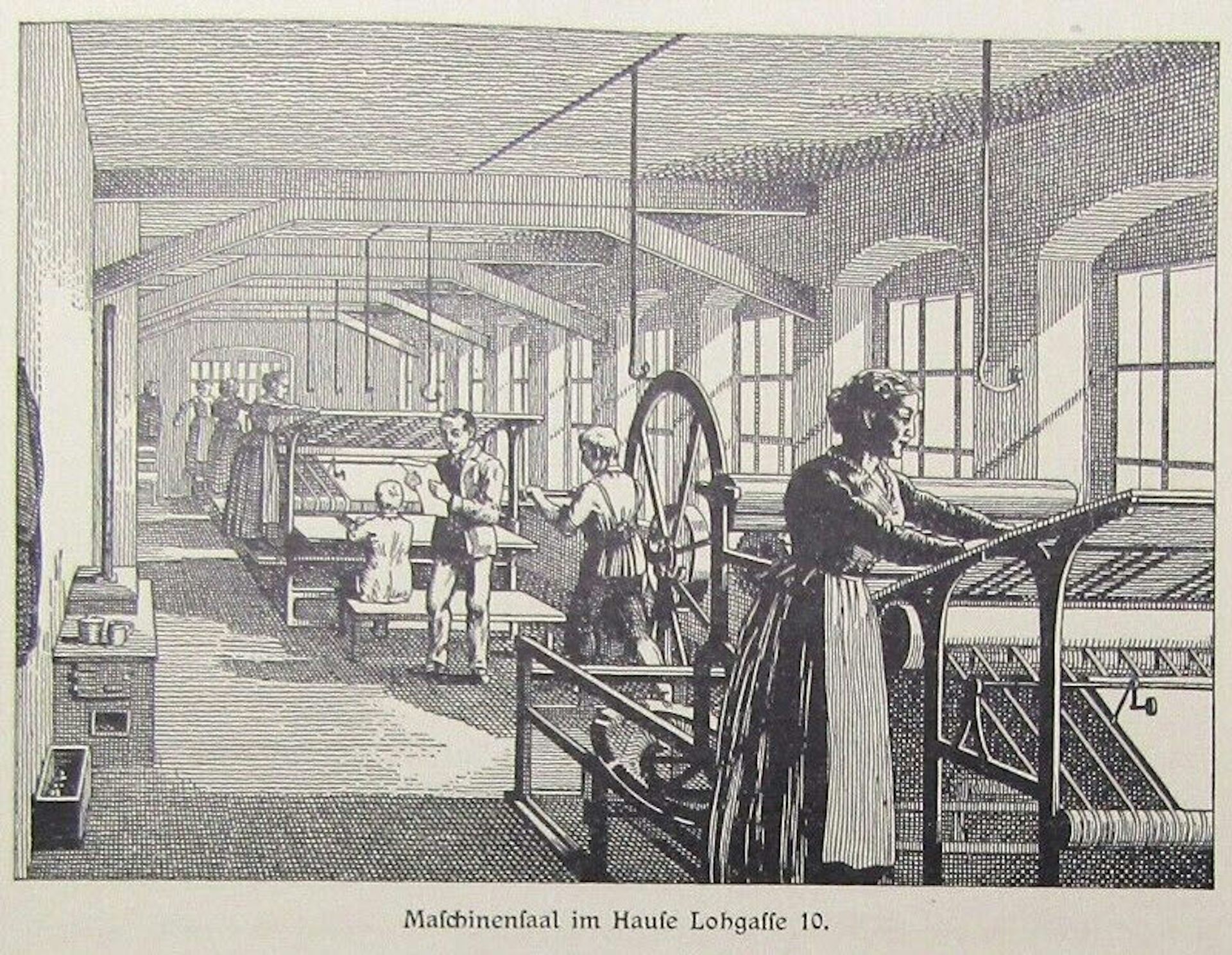 Illustration of women feeding paper into book printers.