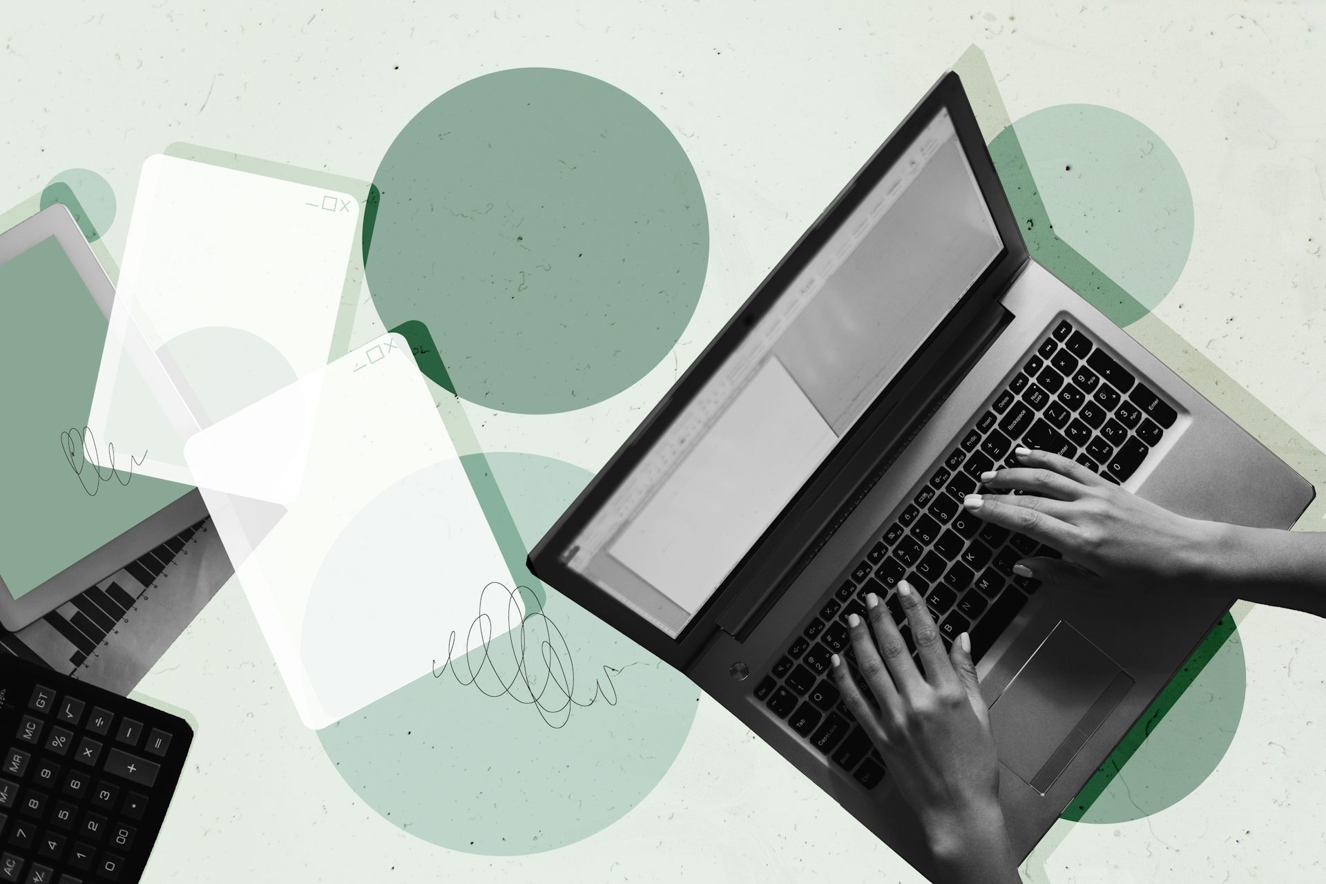 Collage représentant un ordinateur portable sur fond vert.