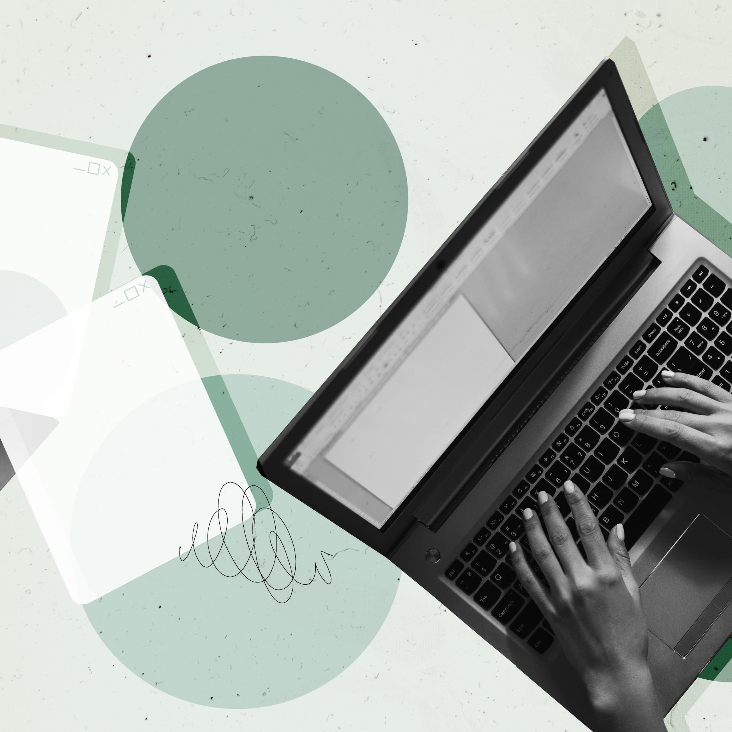 Collage représentant un ordinateur portable sur fond vert.