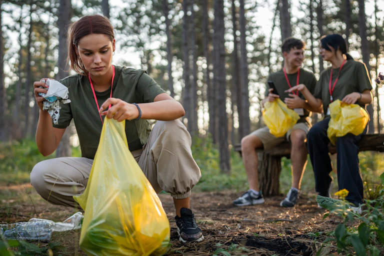 Trois adolescents ramassant des déchets dans la forêt
