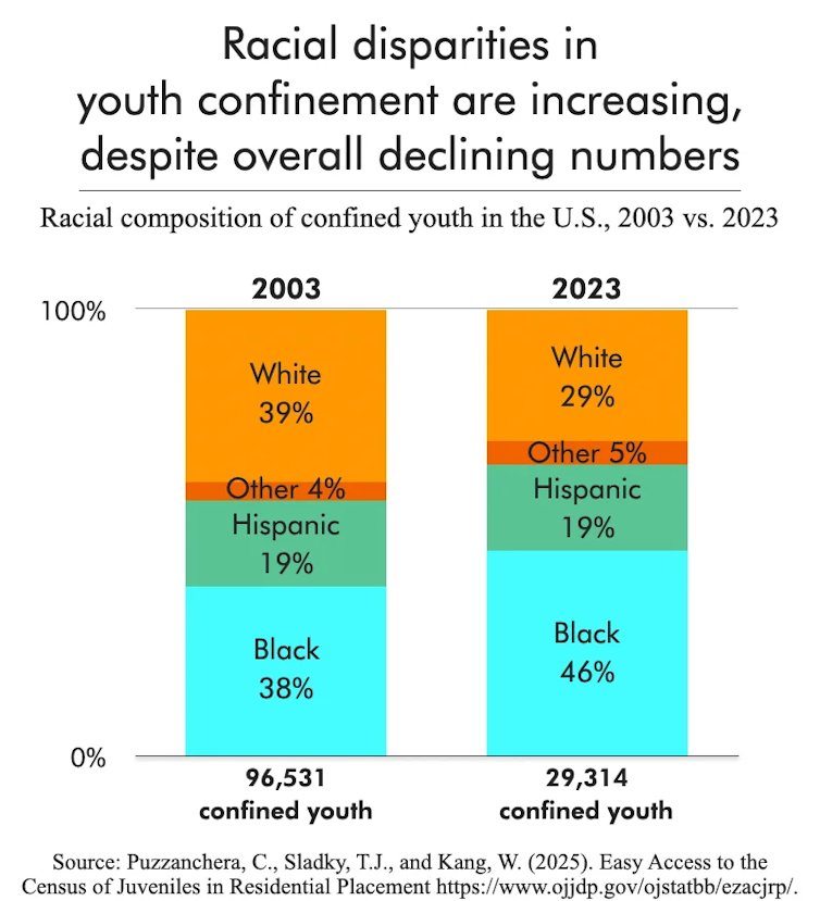 Easy methods to repair one thing that justice broke? The Case of the 'Central Park 5' 1 A graph showing how many people were incarcerated in the United States in 2023 compared to 2003: although the total number has decreased in those 20 years, more than 45% of incarcerated youth are African-American, and only 29% are white.
