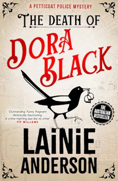 Death of Dora Black book cover, with magpie illustration, rings in beak