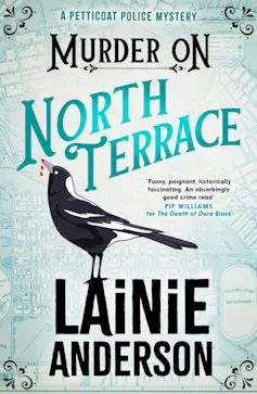 Murder on North Terrace book cover, with magpie illustration, beak dripping blood