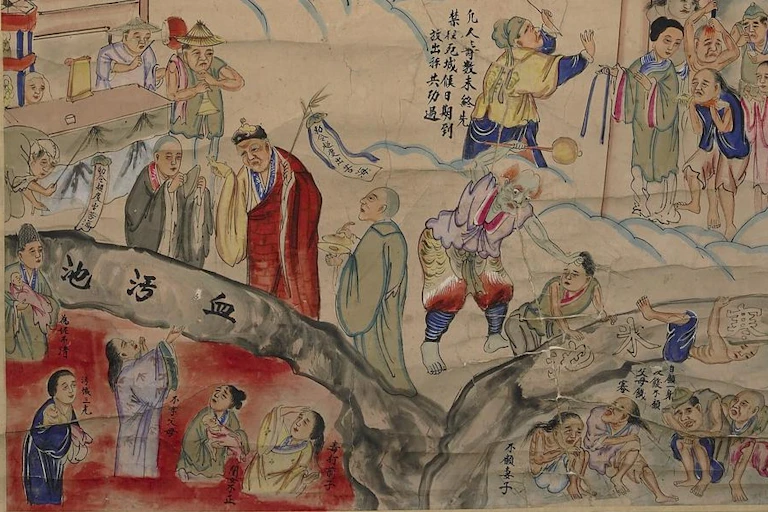 Painting of women in a pond of blood with monks standing above them on land.