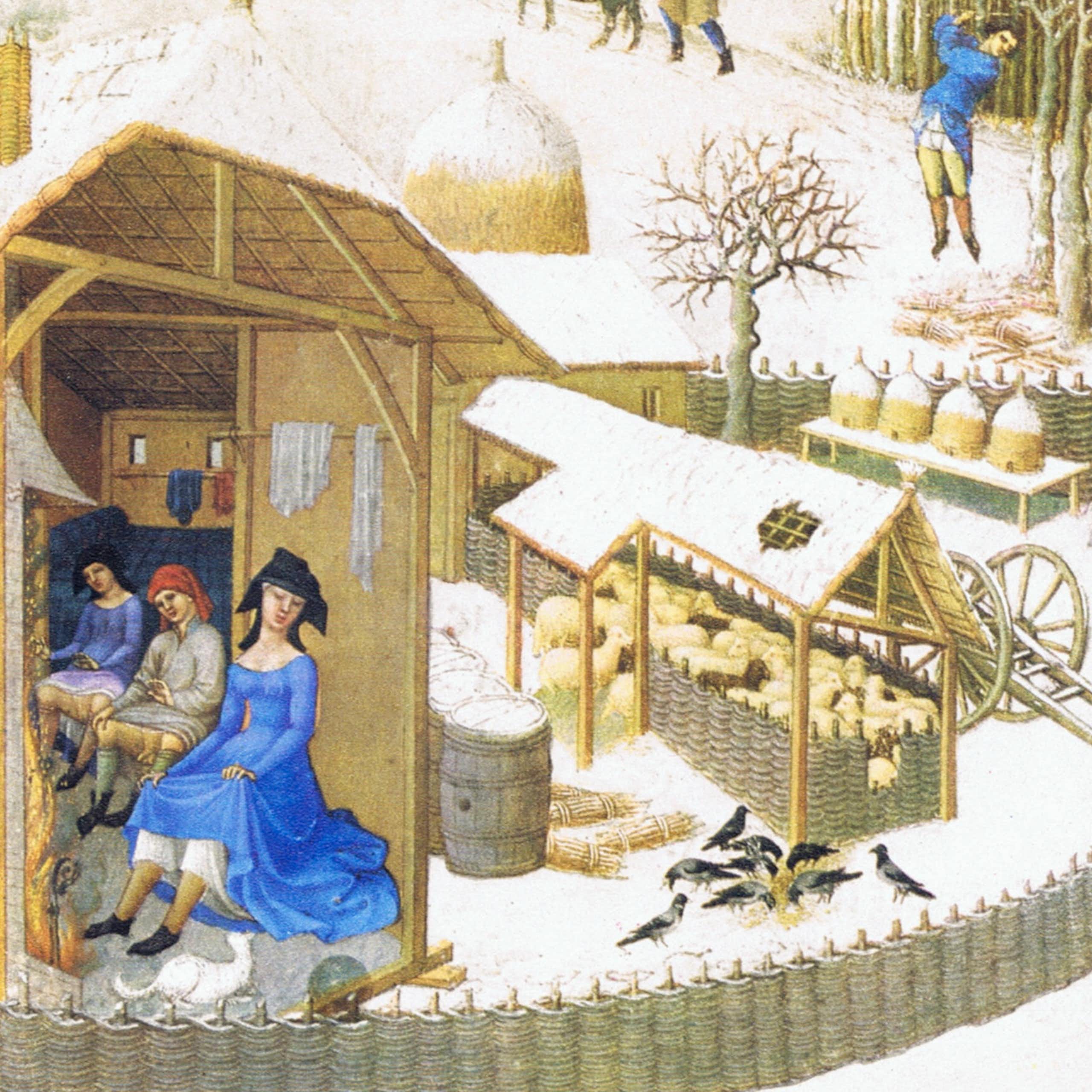 A colorful winter scene depicting three women working inside a snow-covered shelter.