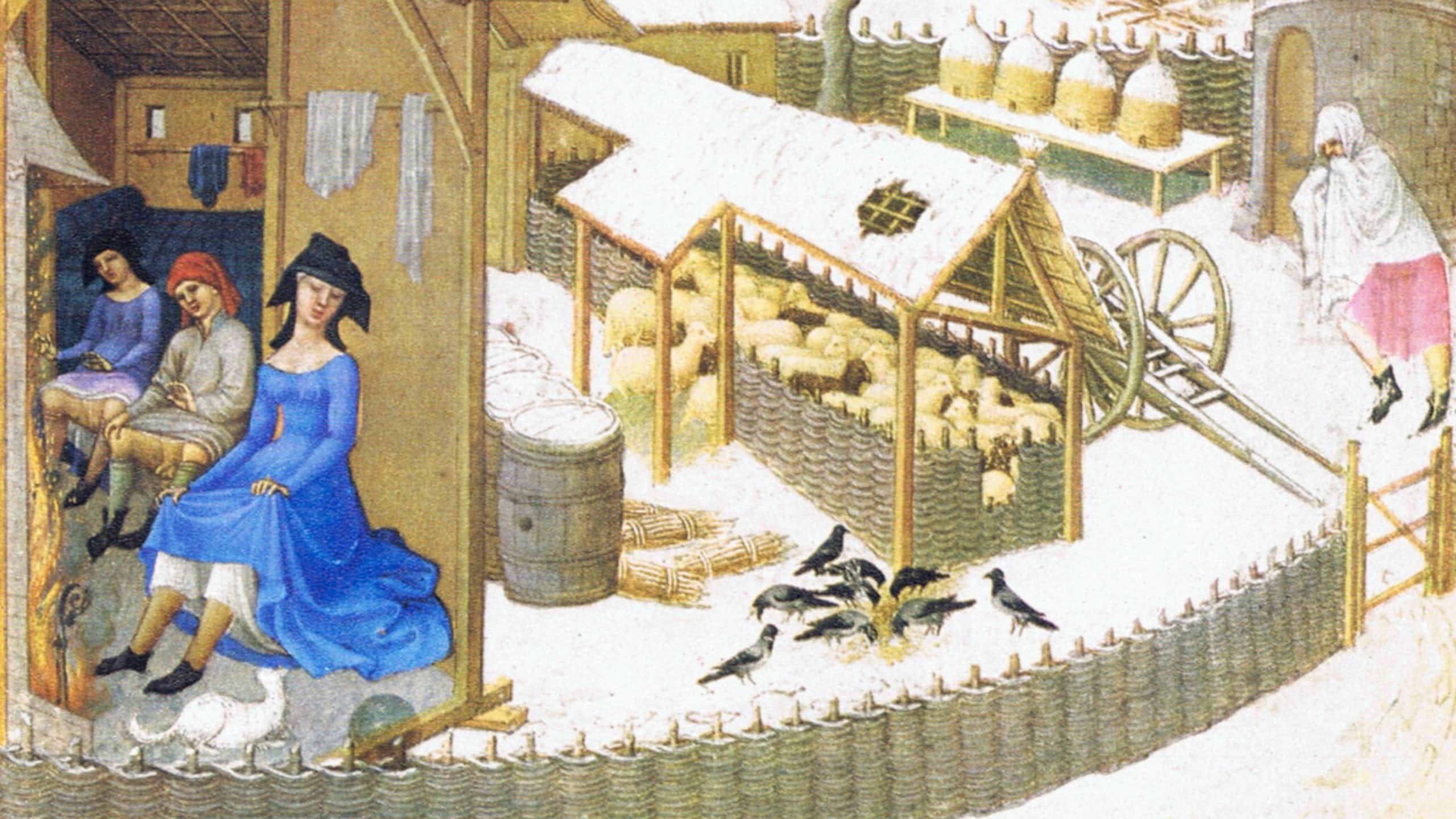 A colorful winter scene depicting three women working inside a snow-covered shelter.