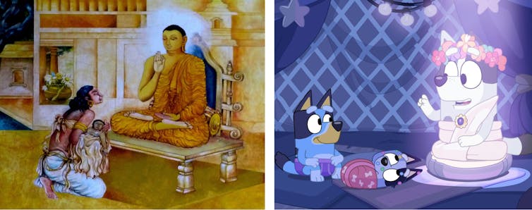 The Bluey image closely references the Buddhist image.