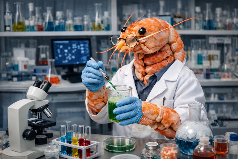 AI-generated image of a human-sized shrimp in a lab coat holding a beaker full of green liquid.