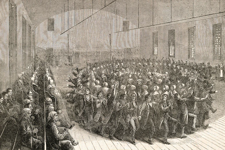 An engraving shows a crowd of people dancing inside a large hall, with alternating rings of men and women.