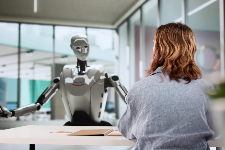 AI robot and human sitting on opposite sides of a desk.