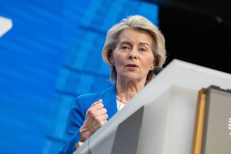 European Council president Ursula von der Leyen speaks at a podium