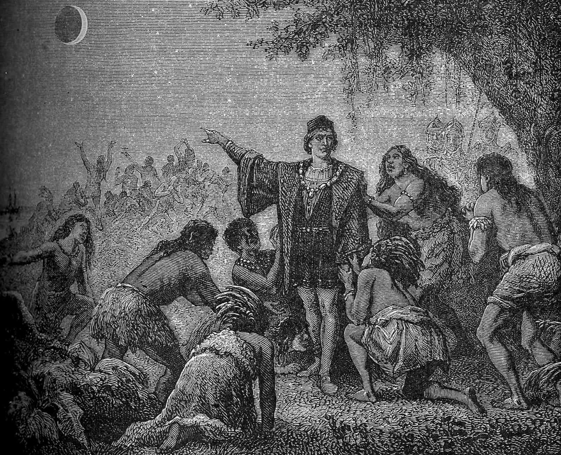 Ilustración del siglo XIX que representa a Colón señalando un eclipse lunar a la población nativa en Jamaica.